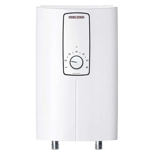 Ein weißer Durchlauferhitzer von Stiebel-Eltron mit einer Temperatureinstellung von 20 bis 60 Grad Celsius und zwei Anschlussstellen unten.